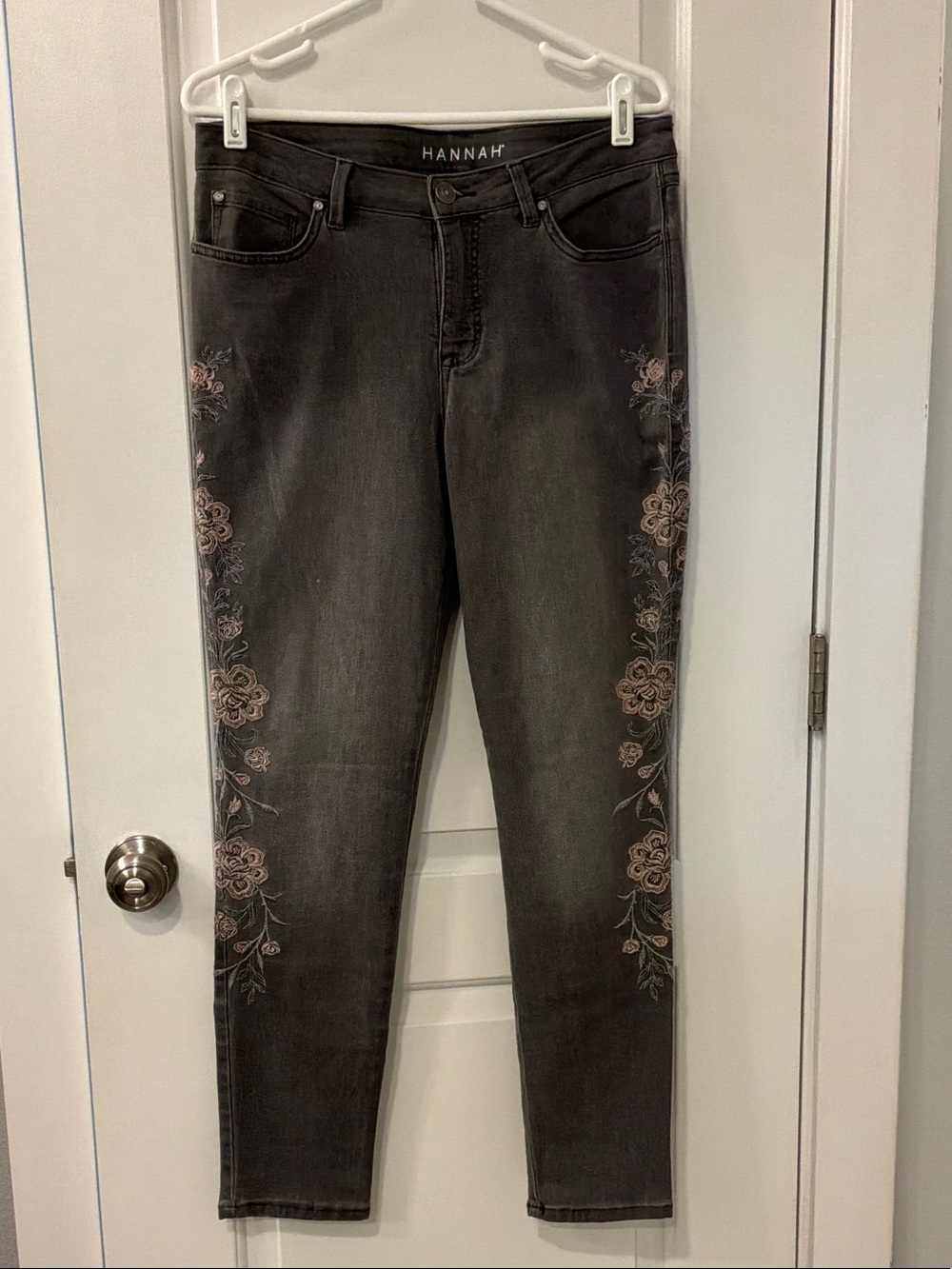 Hannah Grey Jeans with Pink Floral Embroidery
